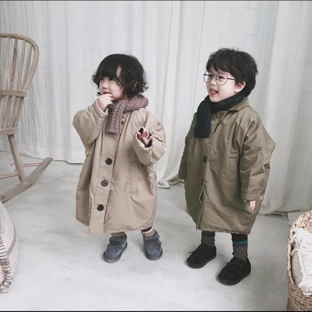 Child Cotton-padded Green Trench Coat for Boy Girl 4T 5T